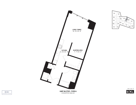 Floor plan for 1 bed, 1 bath, 559 sqft